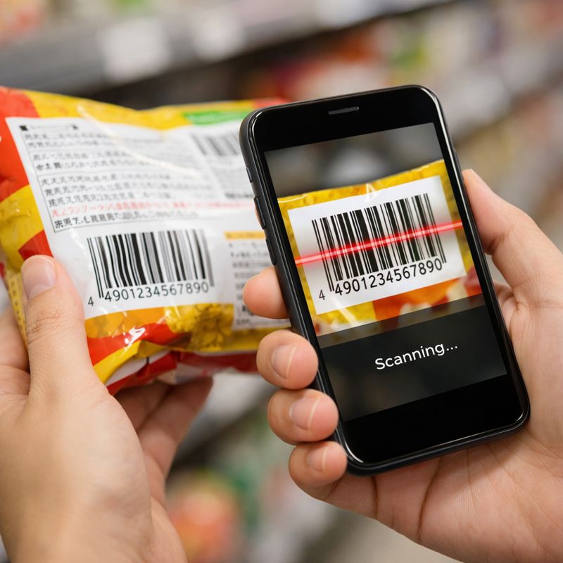 スマートフォンで食品パッケージのバーコードを読み取っている様子の写真(無料素材向け)