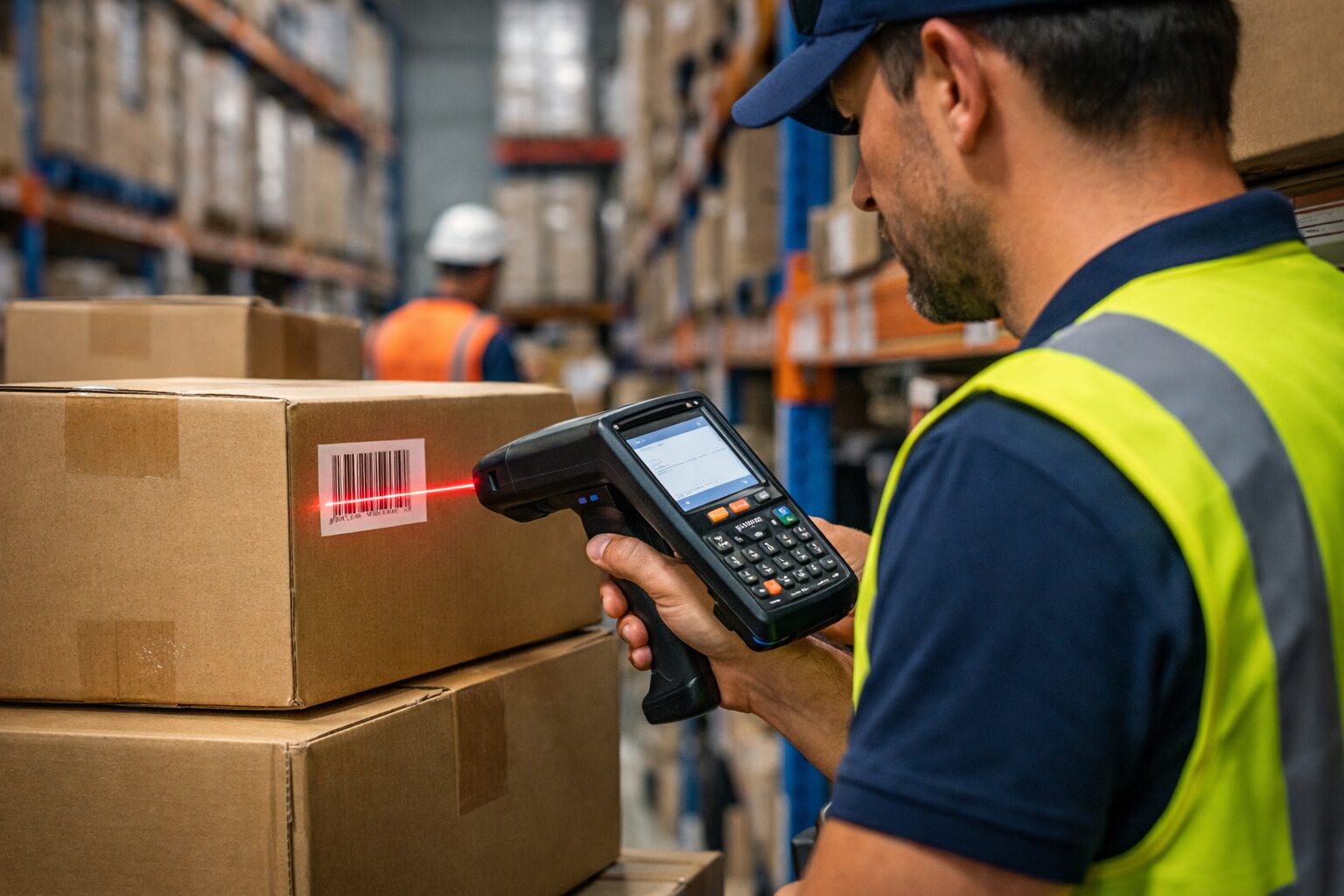 倉庫や物流現場で作業員がハンディターミナルでバーコードを読み取っている写真（在庫管理や検品のイメージ）