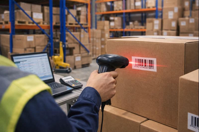 倉庫や物流現場でバーコード管理をしている様子の写真（無料素材向け）