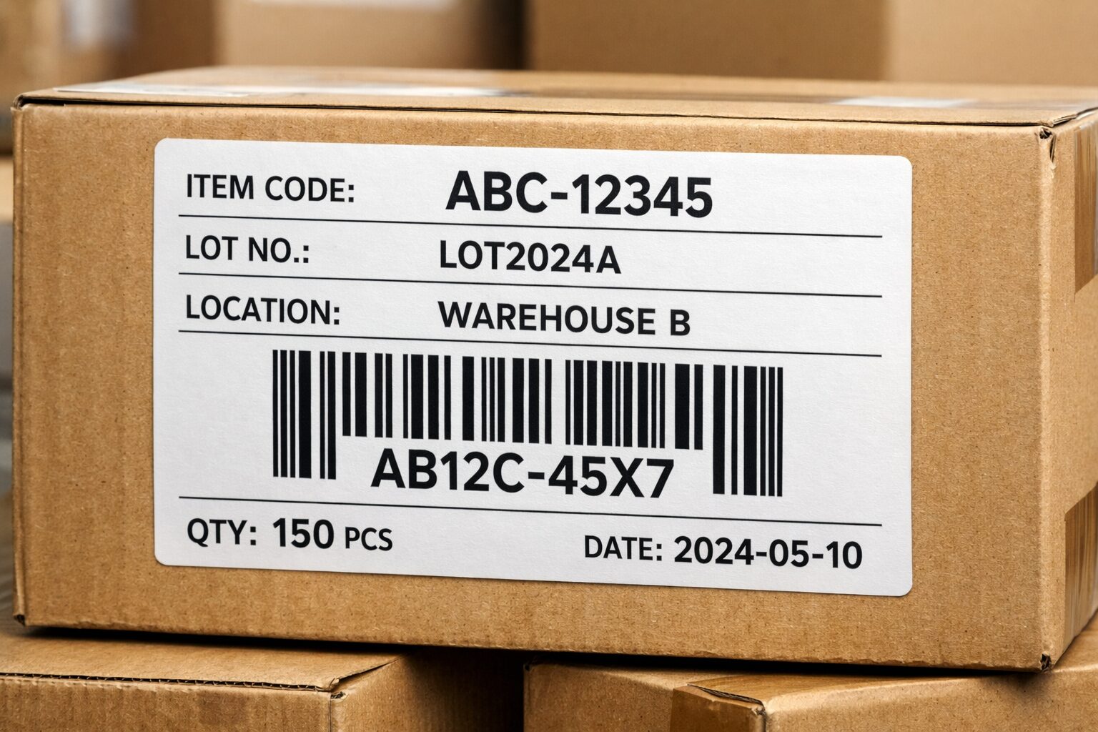 商品ラベルに英数字が含まれたバーコードが印字されているイメージ。物流や管理用途を想定した無料素材向け画像。