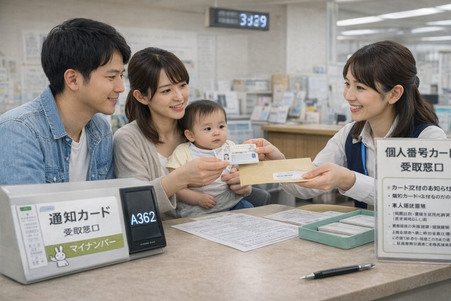 市役所の窓口で番号確認やカード受け取りをしている様子を連想できる無料素材写真。窓口の番号札や書類が写っていると分かりやすい。