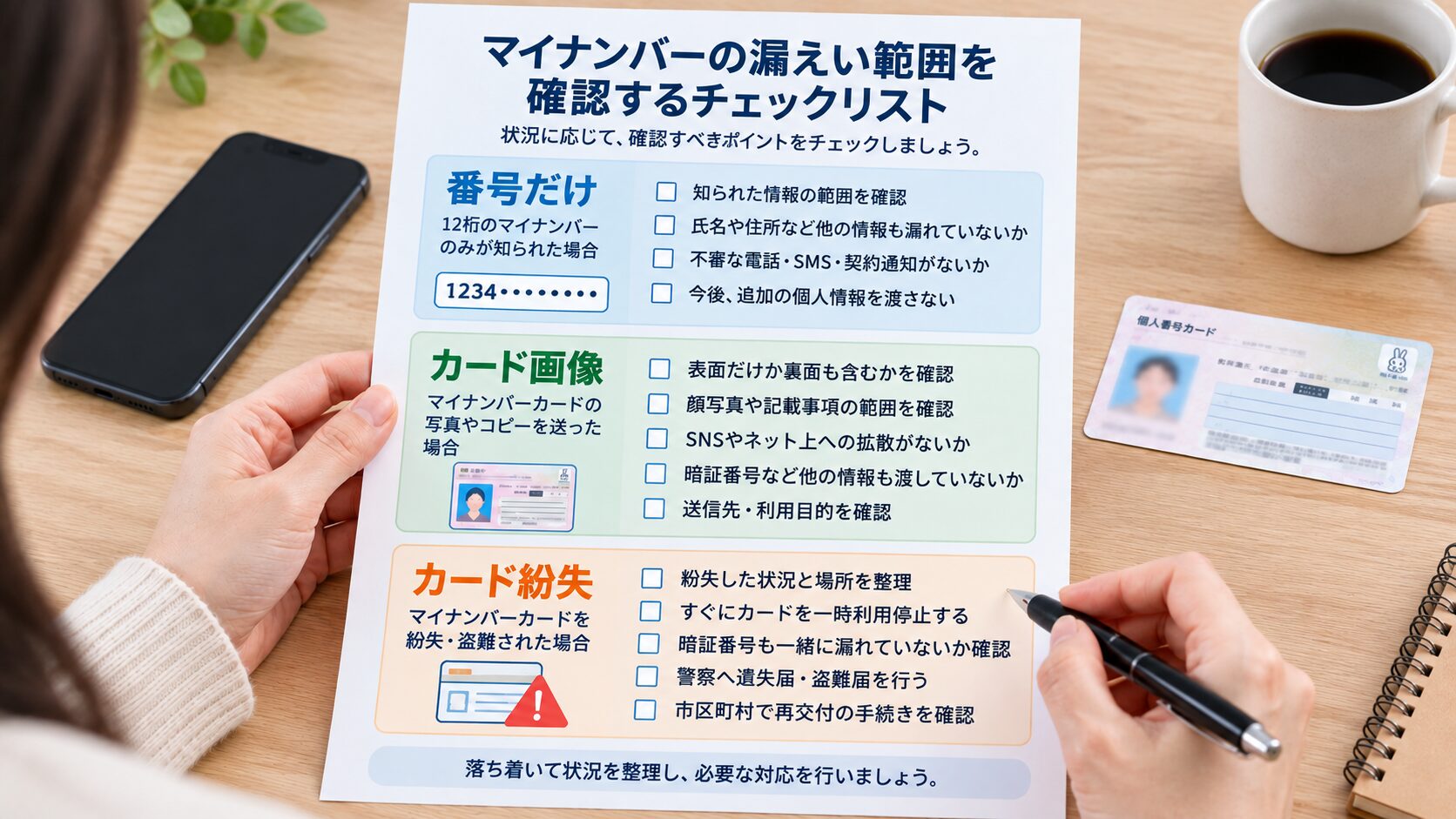 マイナンバーの漏えい範囲を番号だけ・カード画像・カード紛失に分けて確認しているチェックリストの写真