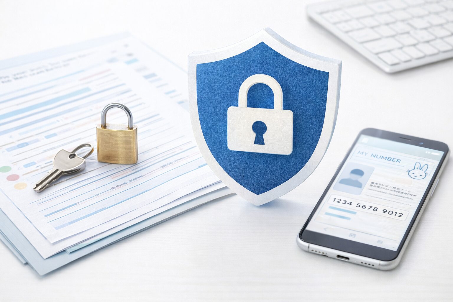 個人情報保護と安心をイメージした鍵アイコンや書類、スマートフォンの写真素材（無料素材向け）