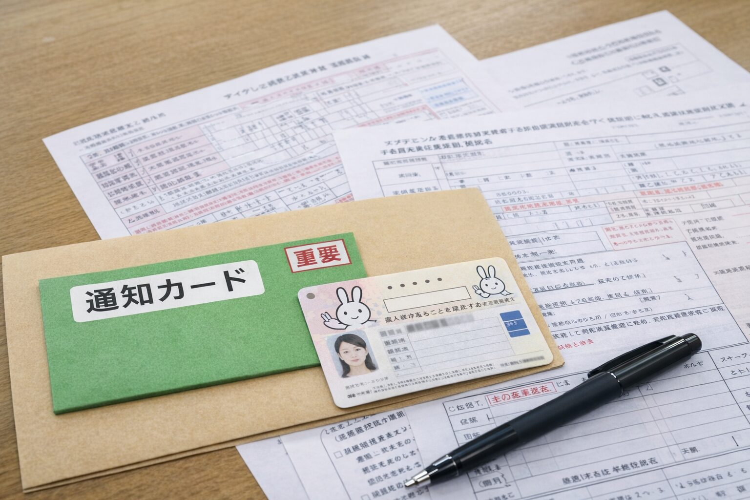 机の上に書類と封筒、ペンが置かれていて、番号の確認や申請準備を連想できる無料素材の写真。