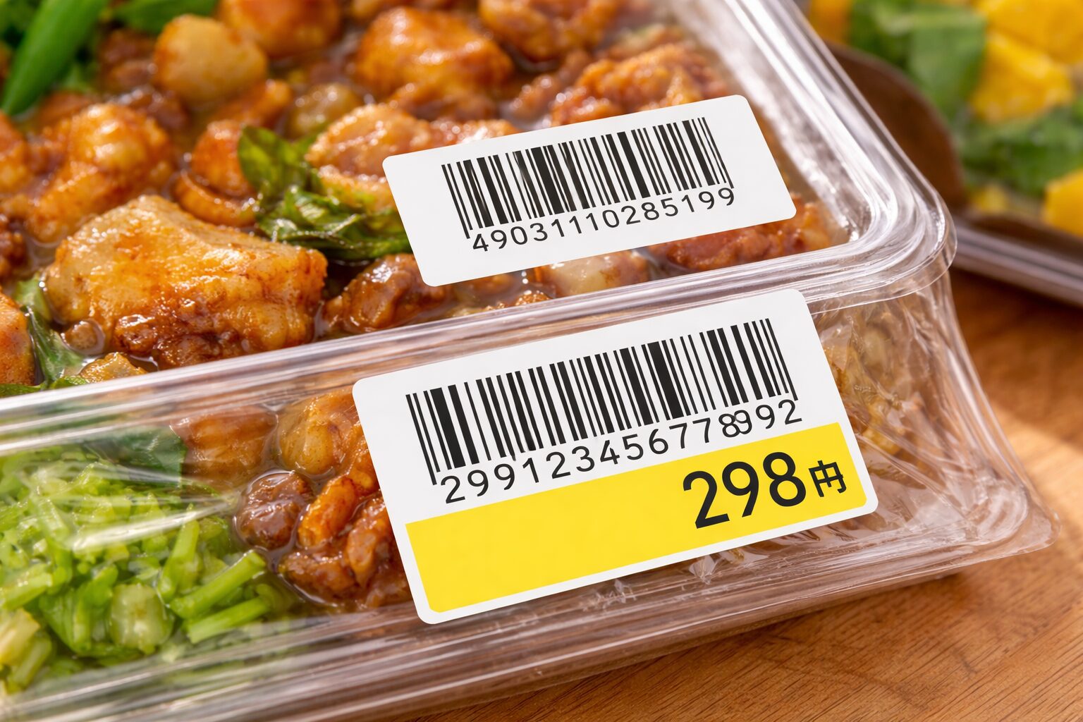 スーパーの食品パッケージや日用品で、バーコードが2つ見えている様子。後貼りラベルが重なっている例(無料素材向け)