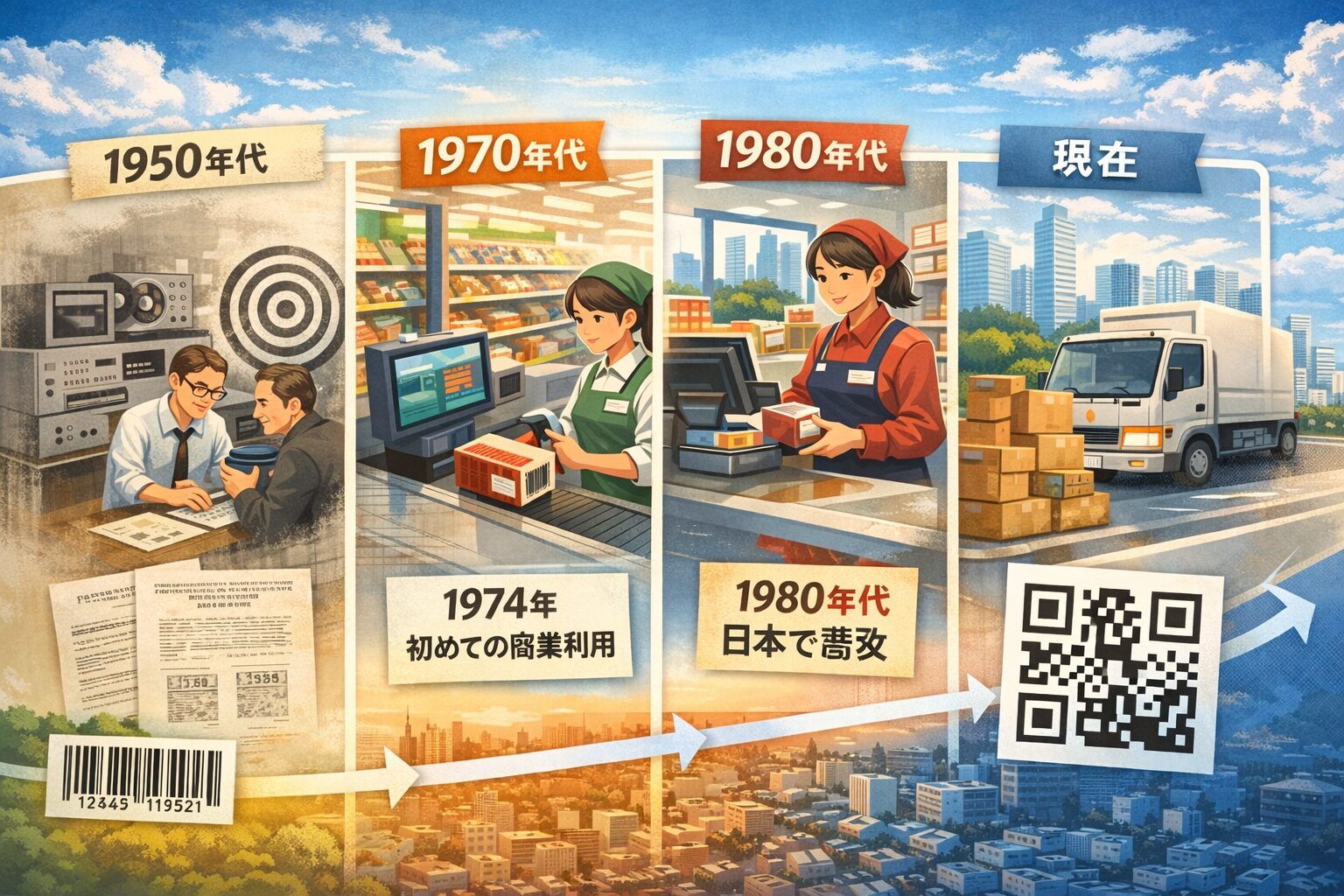 バーコードの誕生から現在までの歴史をイメージした図（年代ごとの変化）