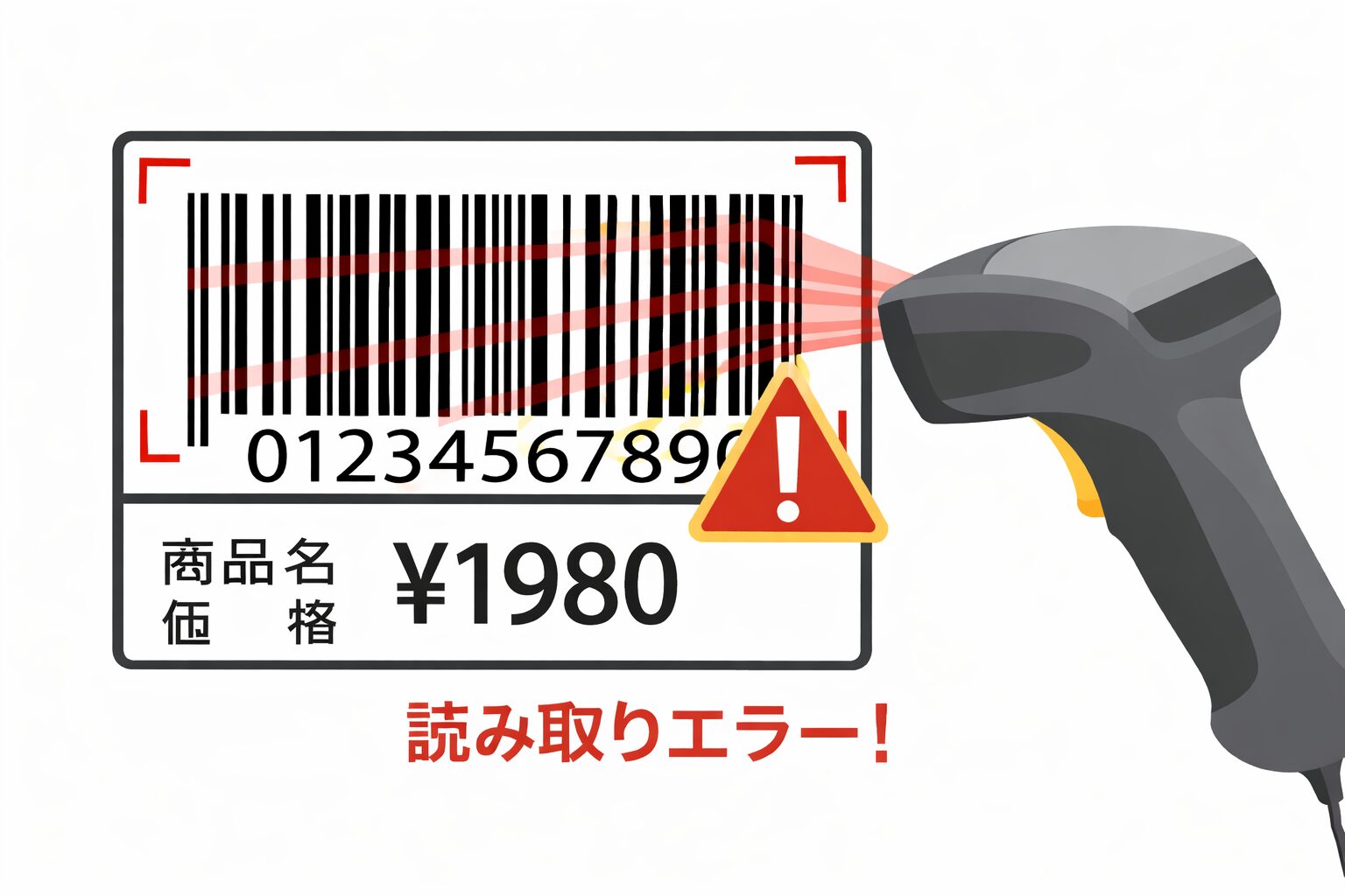 バーコードの周囲に文字や枠線が近すぎて読み取りエラーが起きるイメージ図（無料素材向け）