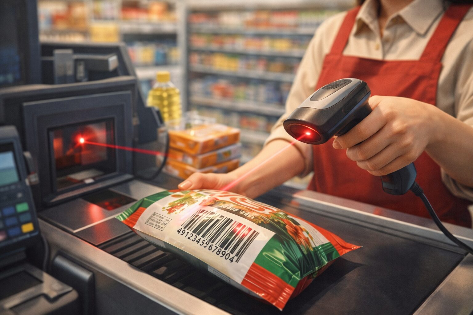 スーパーのレジでバーコードを読み取っている様子