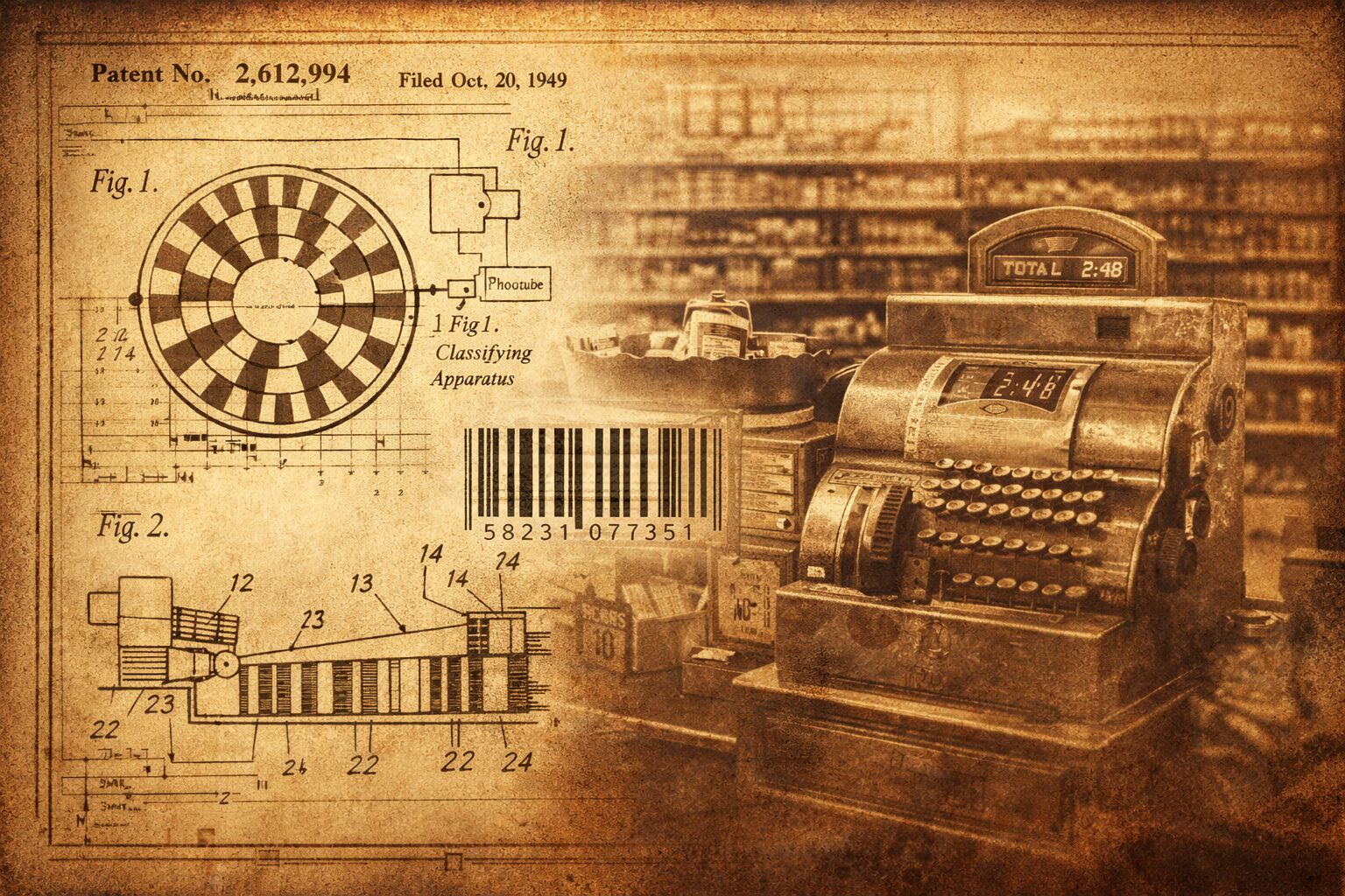 初期のバーコード特許資料や古いレジ装置を連想させる画像（特許図面風、古いスーパーの雰囲気など無料素材向け）