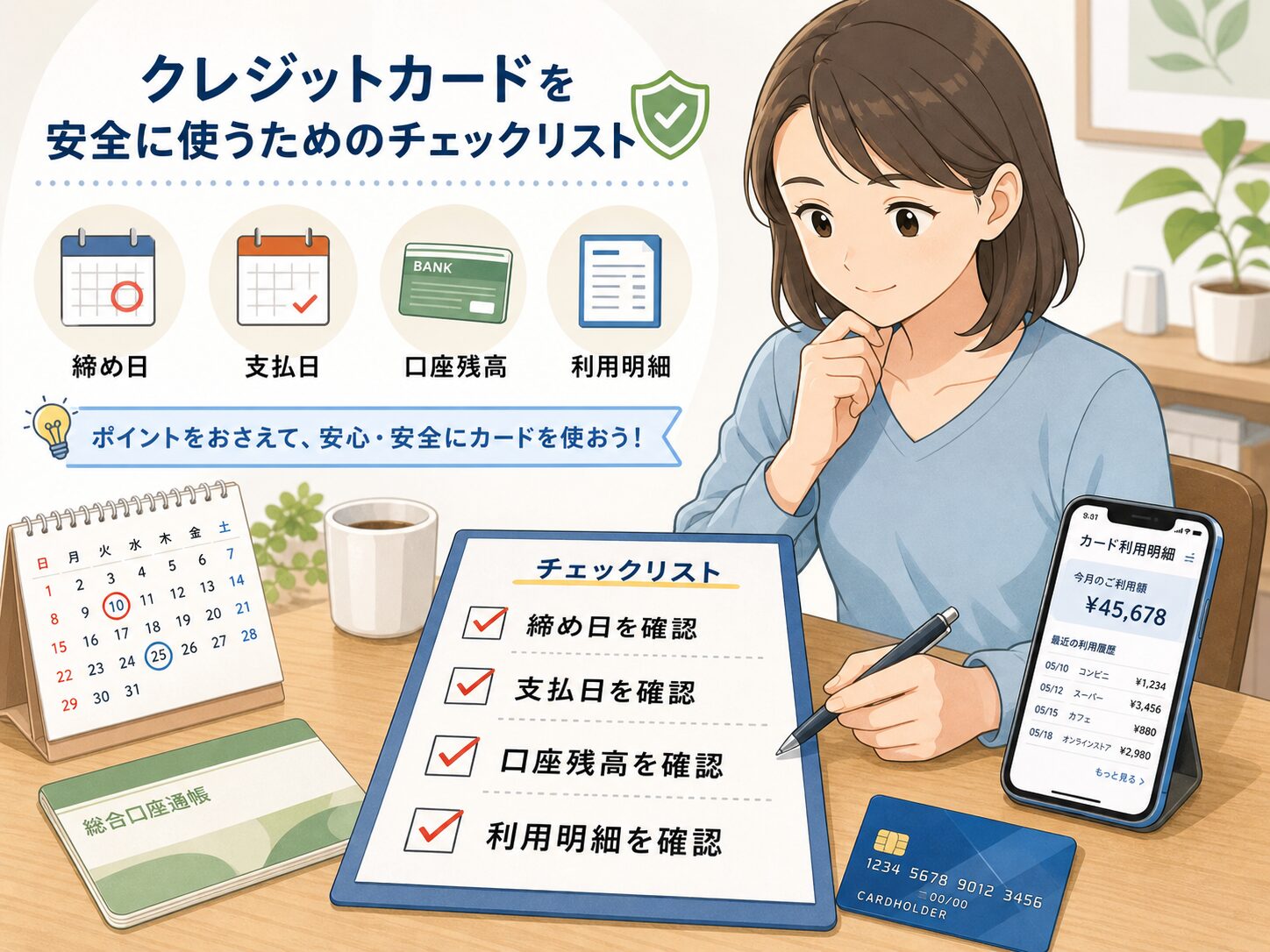 クレジットカードを安全に使うために締め日、支払日、口座残高、利用明細を確認しているチェックリストのイメージ画像