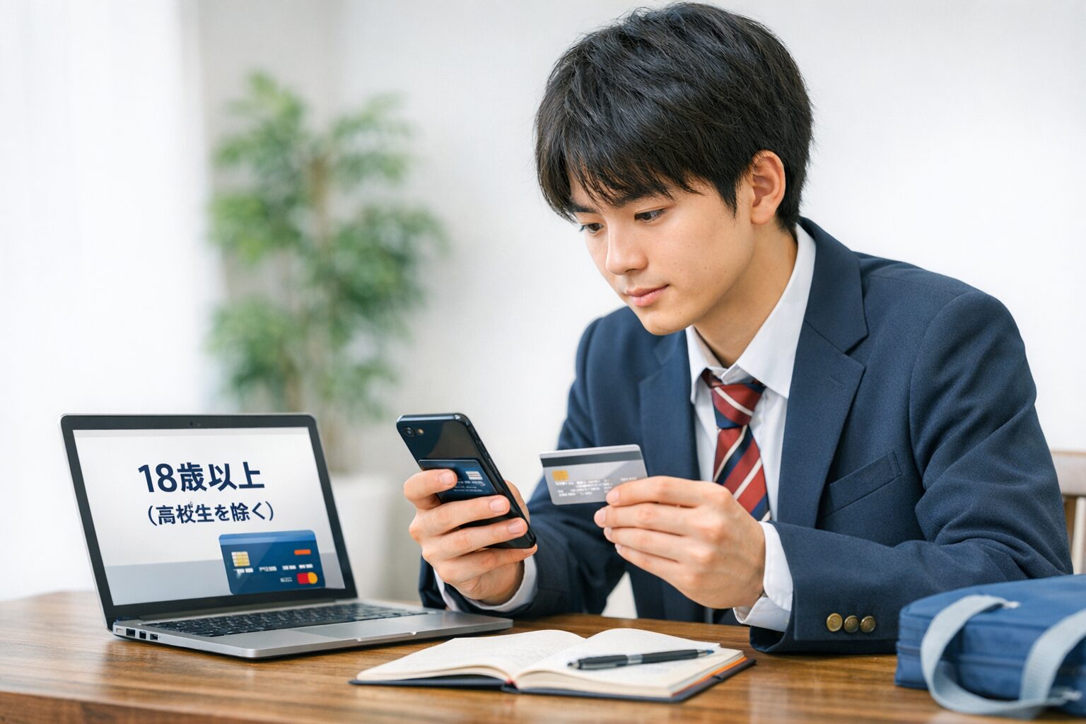 18歳の高校生がクレジットカードの申し込み条件をスマートフォンやノートパソコンで確認している様子が伝わる無料画像素材を中央寄せで配置する