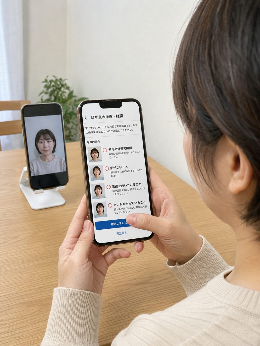 スマートフォンでマイナンバーカード更新用の顔写真を撮影し、無地の背景、影、顔の向き、ピントを確認している写真