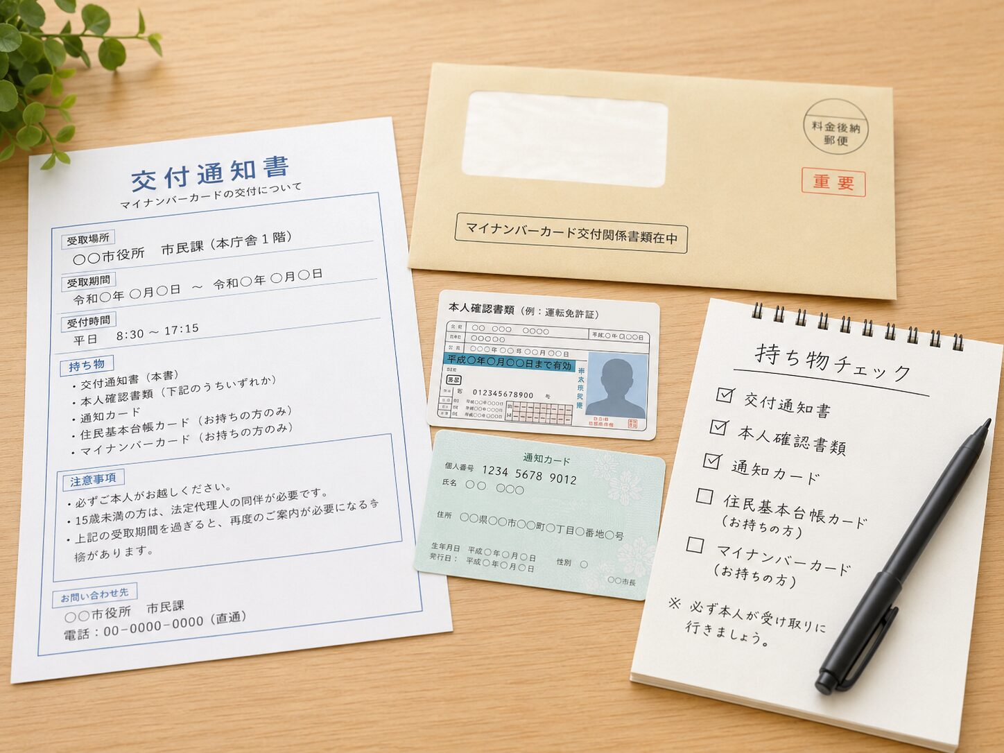 市区町村から届いた交付通知書、本人確認書類、通知カードを机に並べてマイナンバーカード受け取りの準備をしているイメージ。無料写真素材で、書類、身分証、封筒、チェックリストが自然に写った画像を使用する