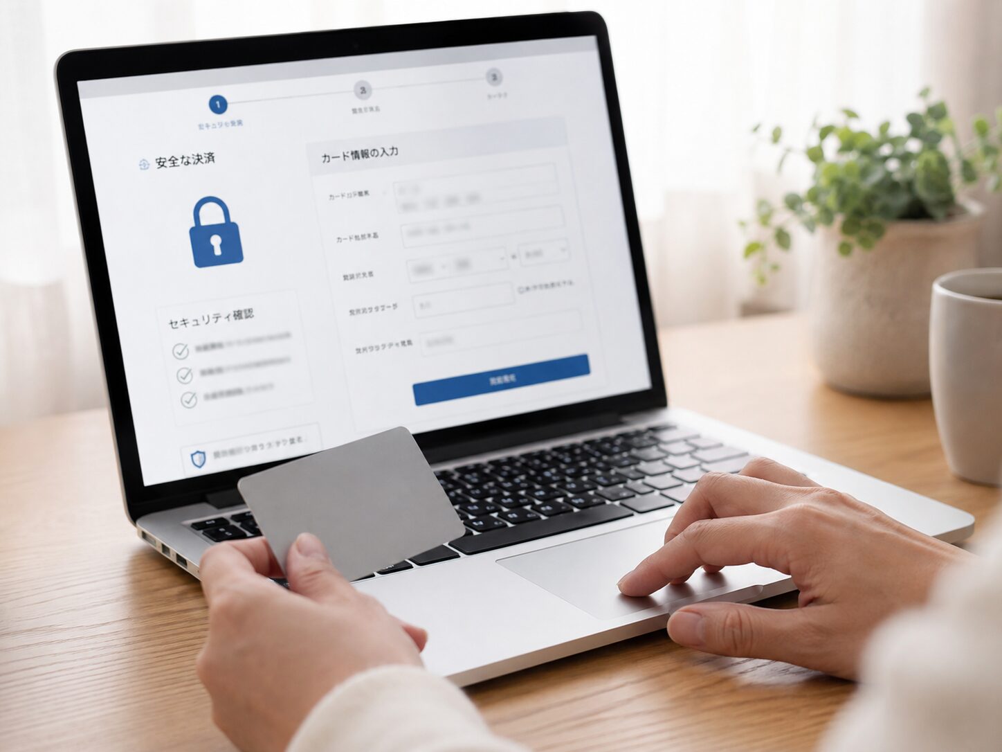 パソコンのネット決済画面を見ながらクレジットカード情報の入力先が正規サイトか確認している手元の写真。実際のカード番号やURLは読めない構図
