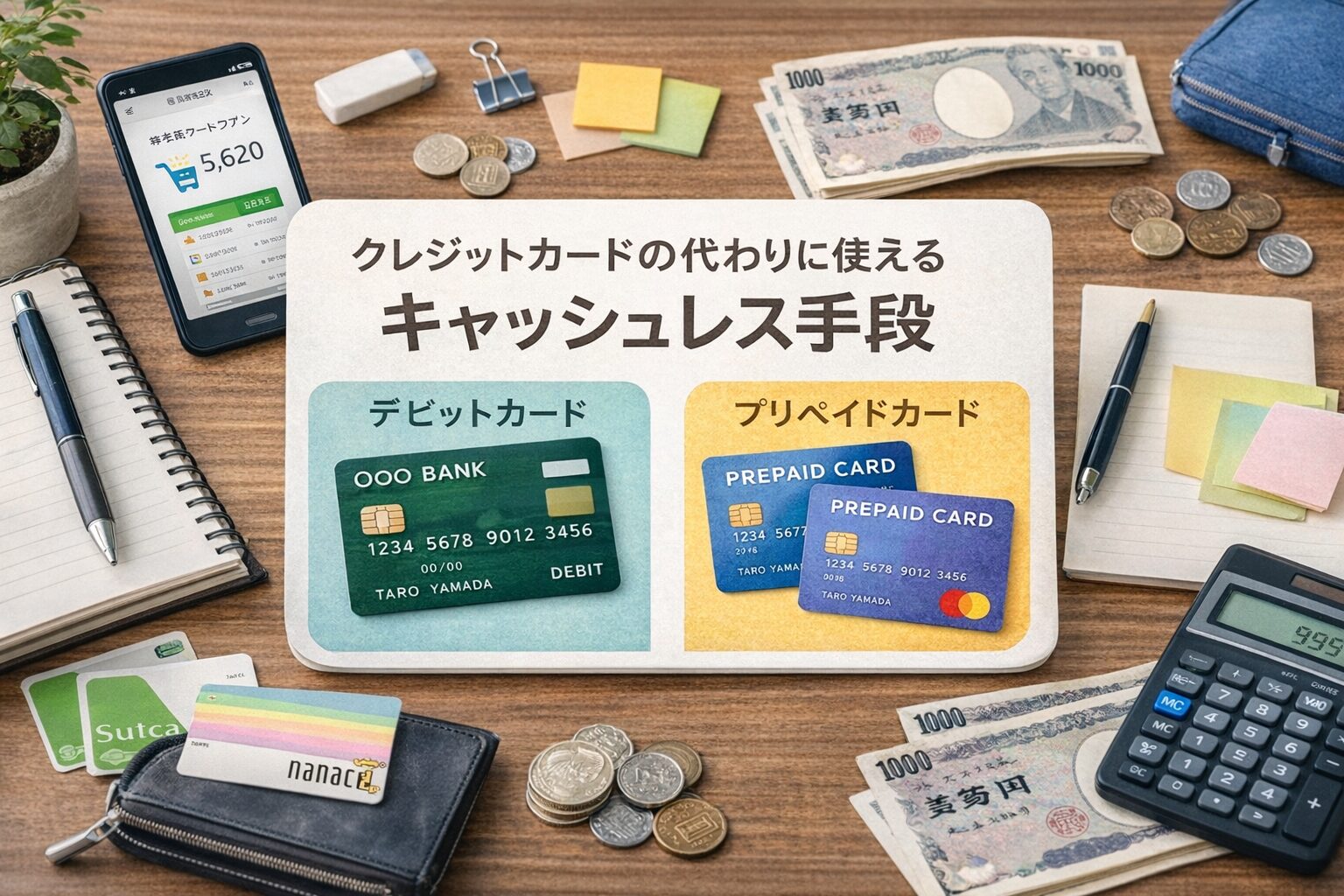 デビットカードやプリペイドカードなど、高校生がクレジットカードの代わりに使えるキャッシュレス手段をイメージできる無料画像素材を中央寄せで配置する