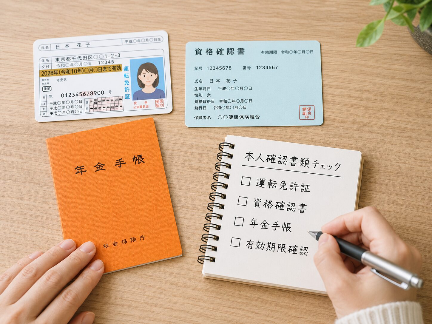 運転免許証、資格確認書、年金手帳など本人確認書類の候補を机の上で確認しているイメージ。無料写真素材で、身分証、書類、チェックリストが自然に写った画像を使用する