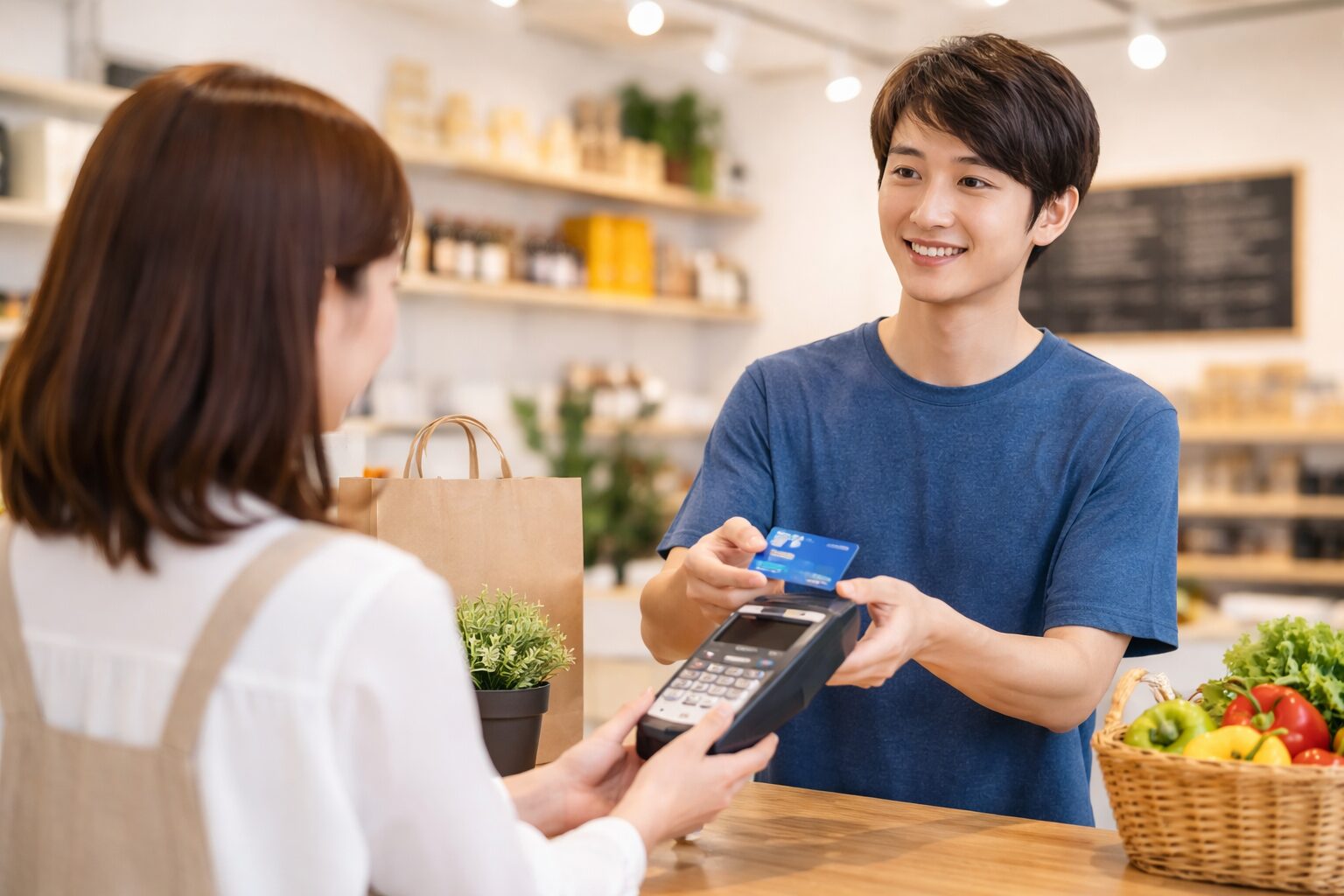 利用者、加盟店、カード会社の3者の関係がわかる図や、店頭決済から請求、口座引き落としまでの流れをイメージできる無料図解素材を中央寄せで配置する