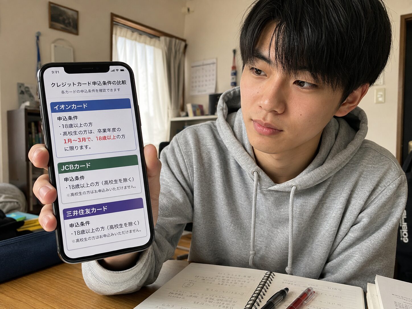 18歳の高校3年生がスマートフォンでイオンカード、JCBカード、三井住友カードの公式申込条件を見比べている写真