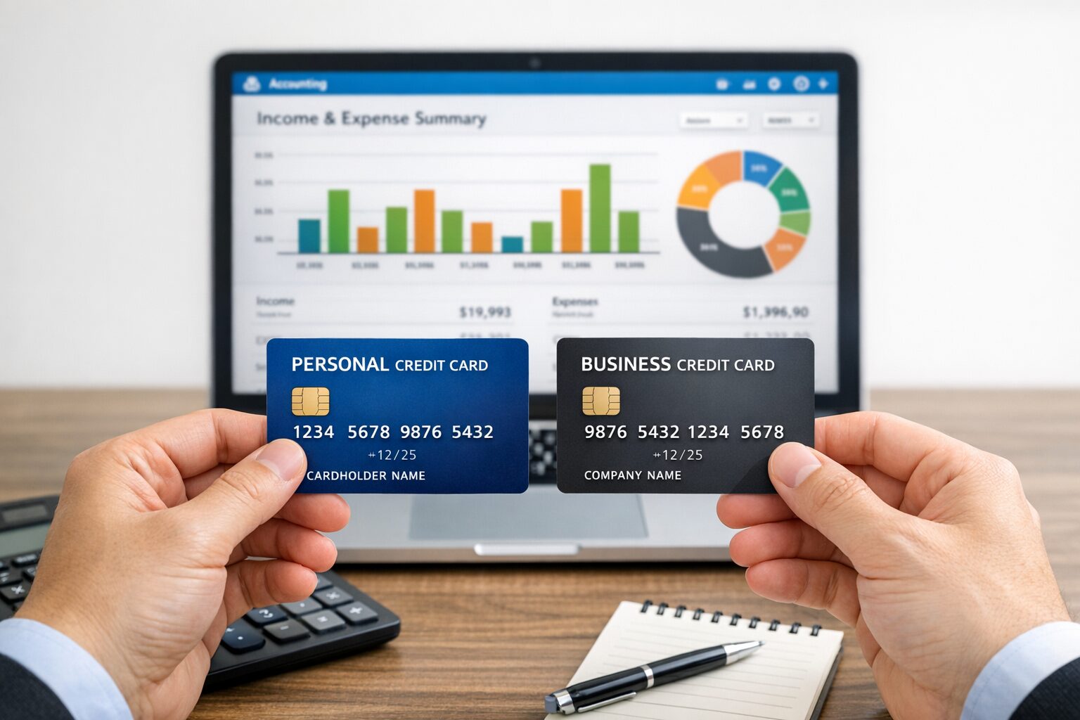 個人用クレジットカードと事業用クレジットカードを並べて比較しながら会計ソフトの画面も映っている無料画像を中央寄せで配置する