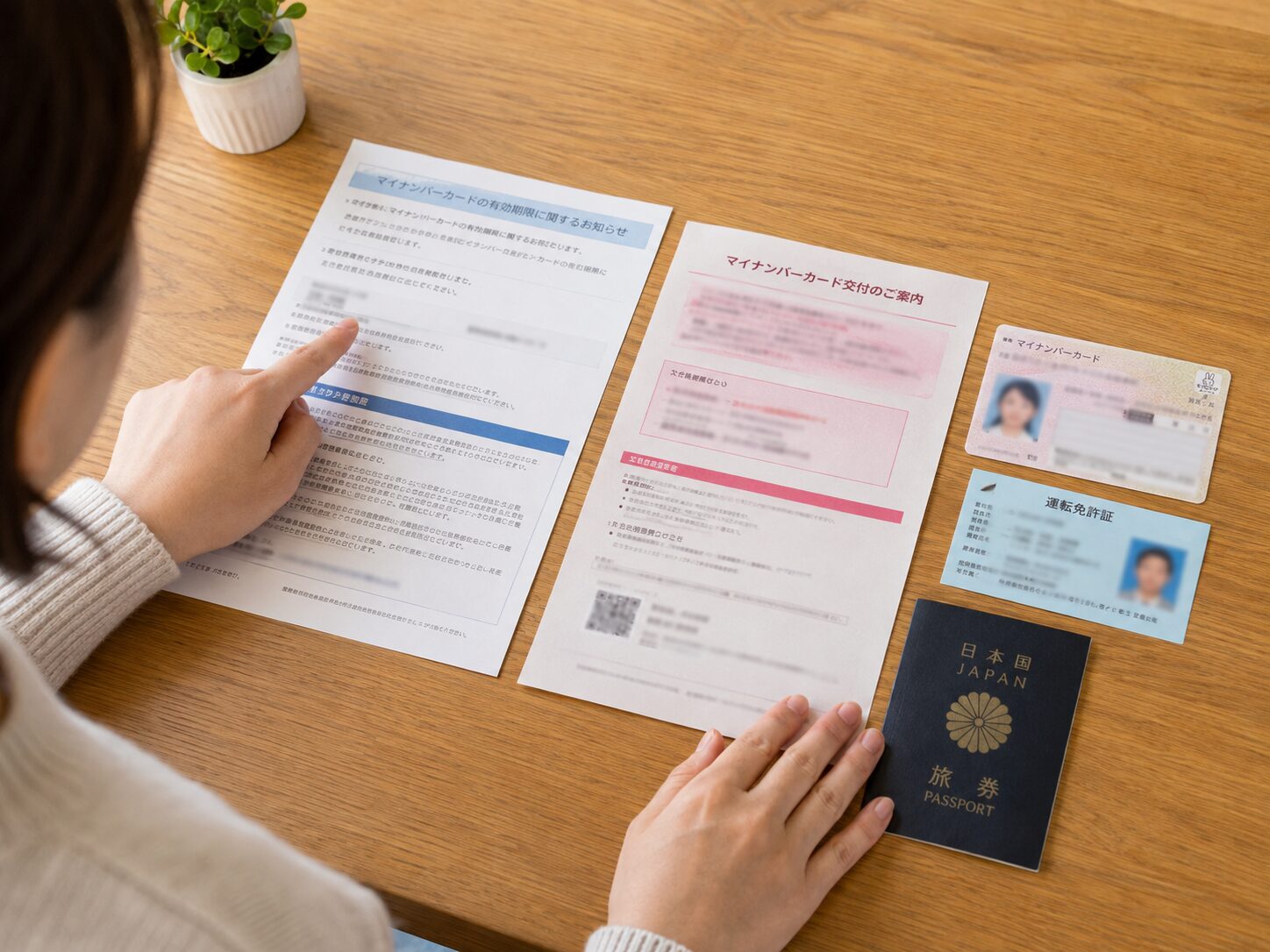 マイナンバーカード、有効期限通知書、交付通知書、本人確認書類を机の上に並べて更新に必要な持ち物を確認している写真