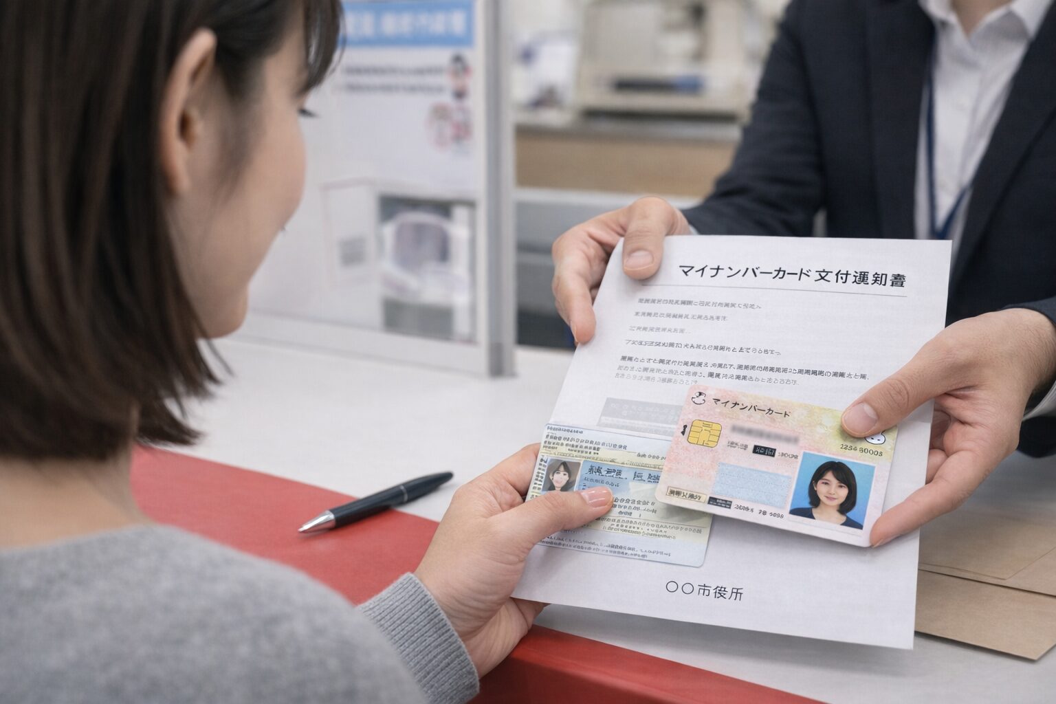 市区町村の窓口でマイナンバーカードを受け取るイメージの無料写真、本人確認書類とカードを確認している場面