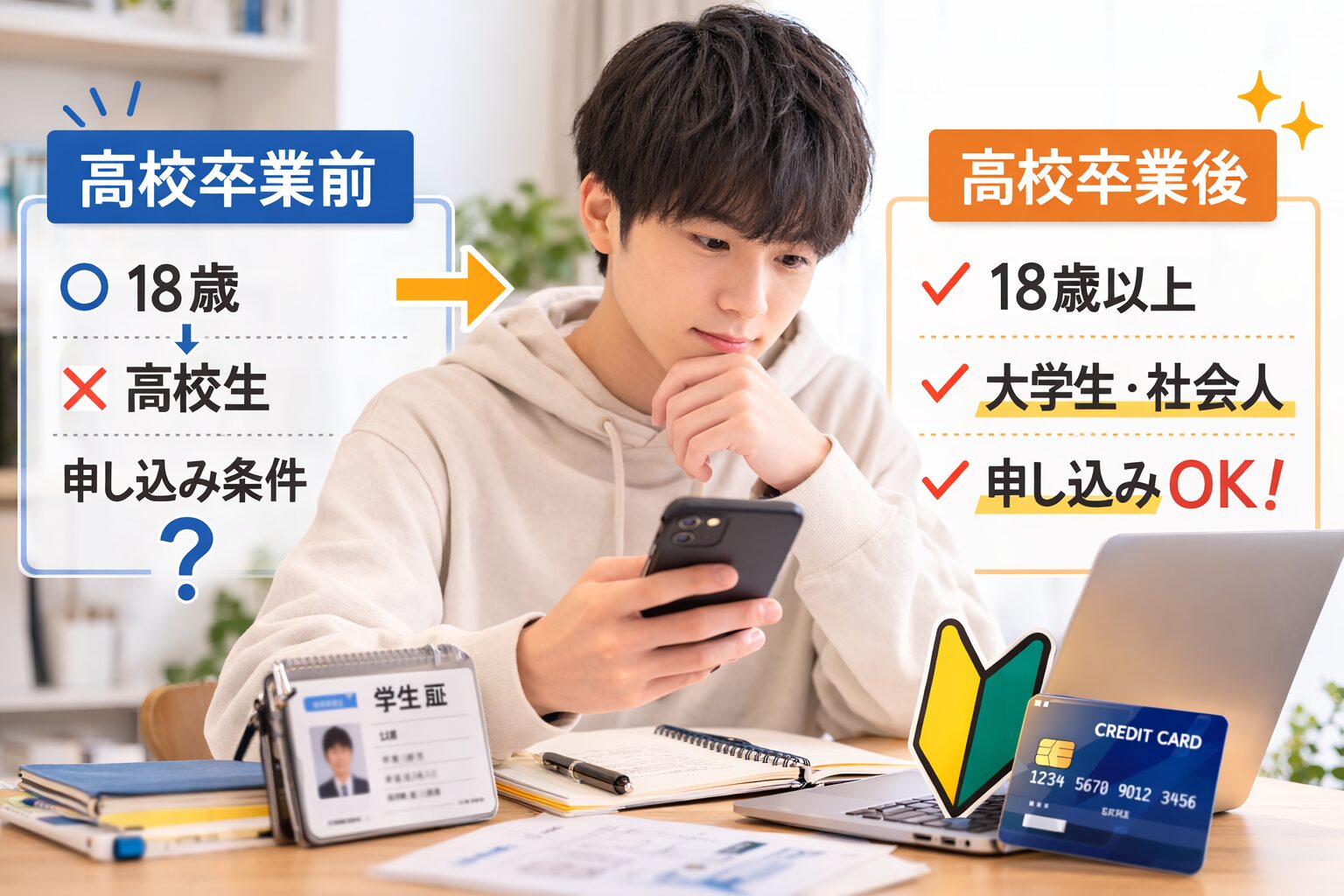 高校卒業前後でクレジットカードの申し込み条件が変わることをイメージできる、学生証やスマートフォン、ノートなどを使った無料画像素材を中央寄せで配置する