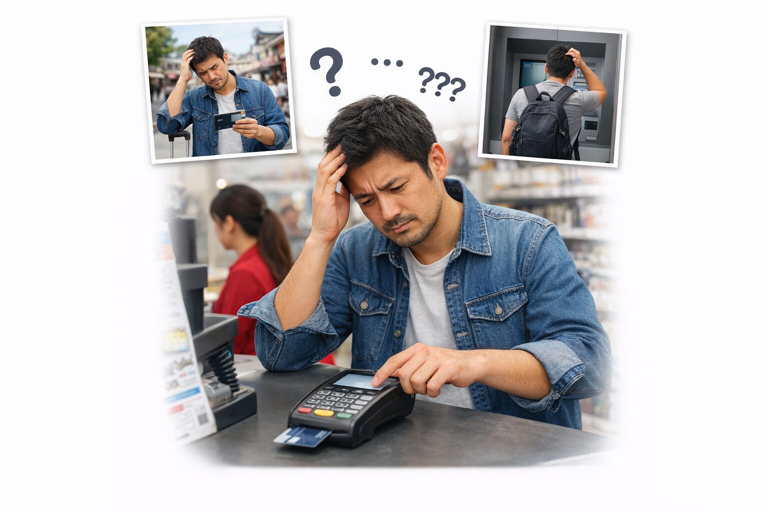 店舗レジやATMや旅行先でクレジットカードの暗証番号入力に困っている場面をイメージできる無料画像を中央寄せで配置する