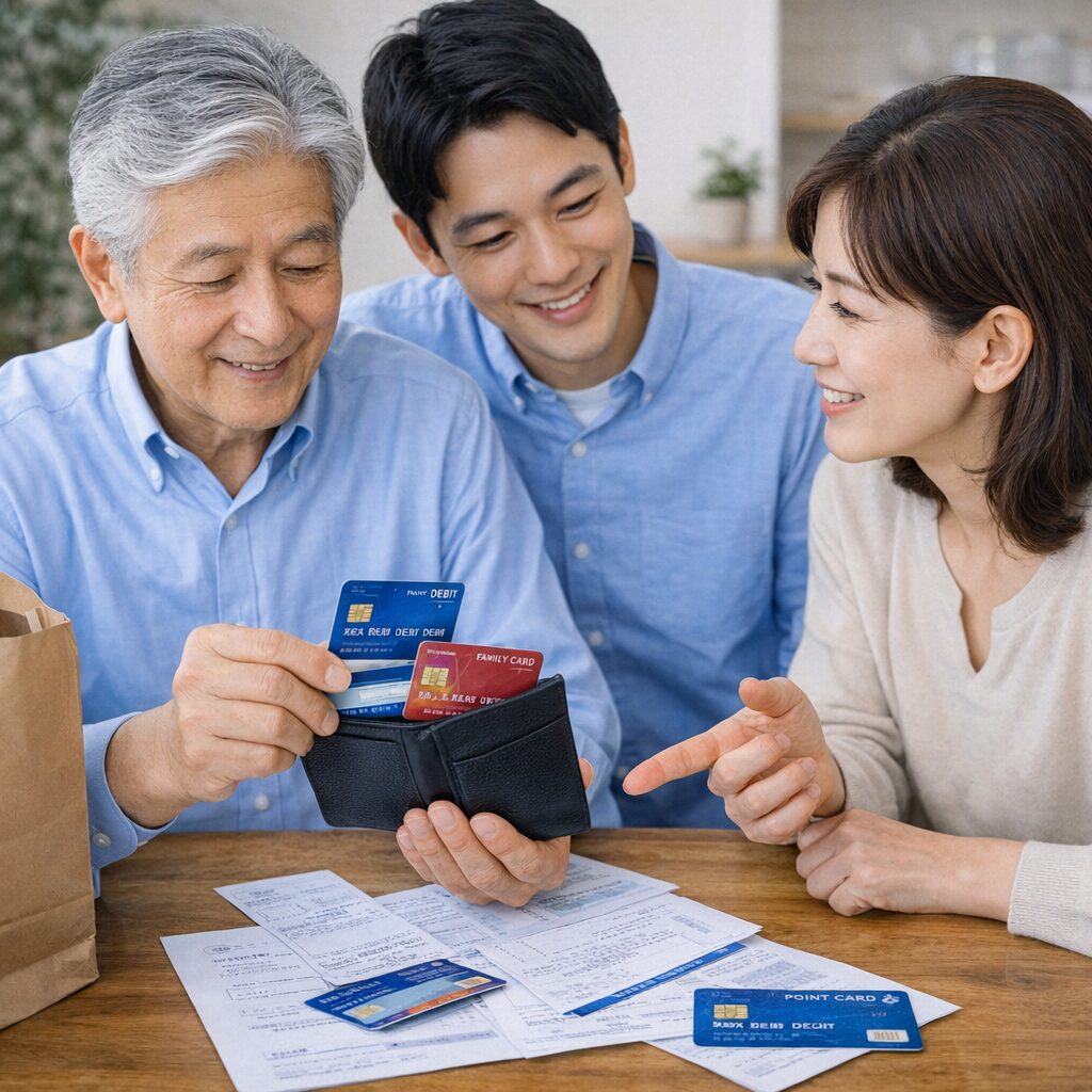 通院帰りの高齢者が財布のカードを確認しながら家族と支払い方法を相談している無料画像を中央寄せで配置する