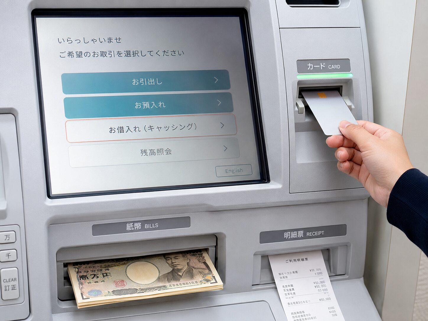 クレジットカードをATMへ入れ、キャッシング枠から現金を借りる流れを示す写真