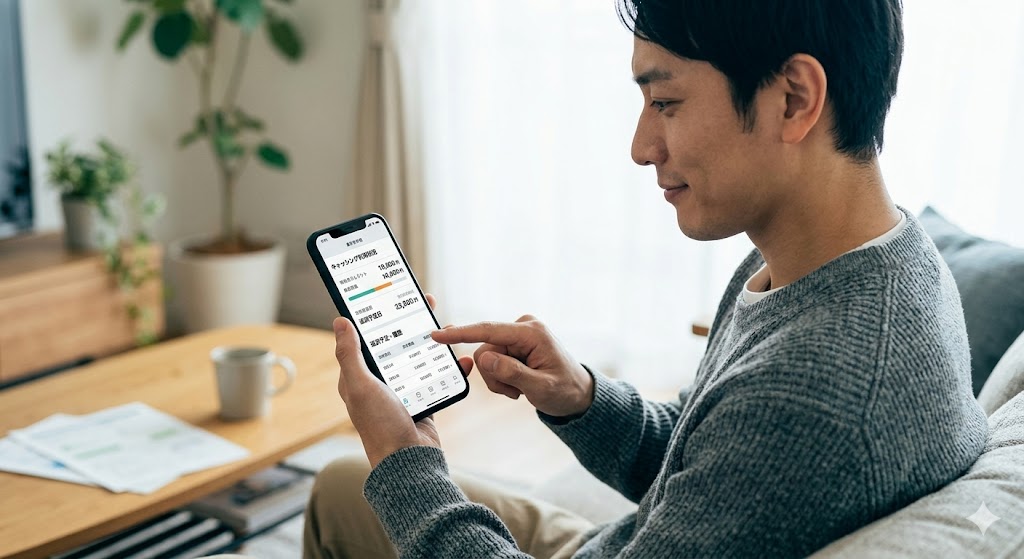 スマートフォンでキャッシングの利用や返済を確認しているイメージ