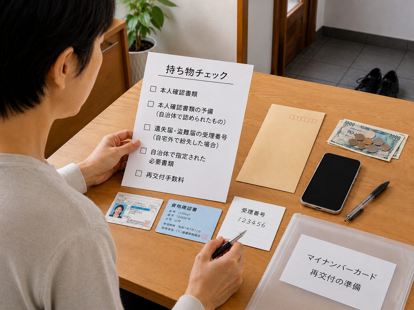 市役所へ行く前にマイナンバーカード再交付の必要書類と本人確認書類をチェックしている人物の写真