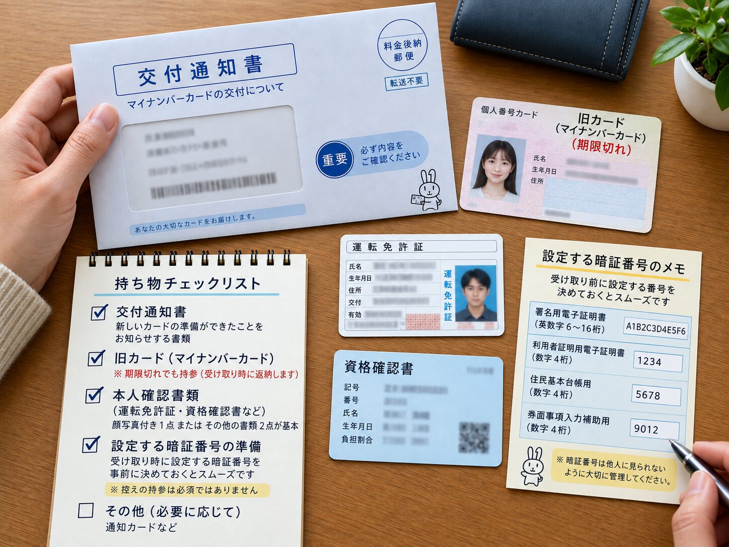 マイナンバーカード更新の前日に交付通知書、期限切れの旧カード、本人確認書類、暗証番号の控えを机に並べてチェックしている写真