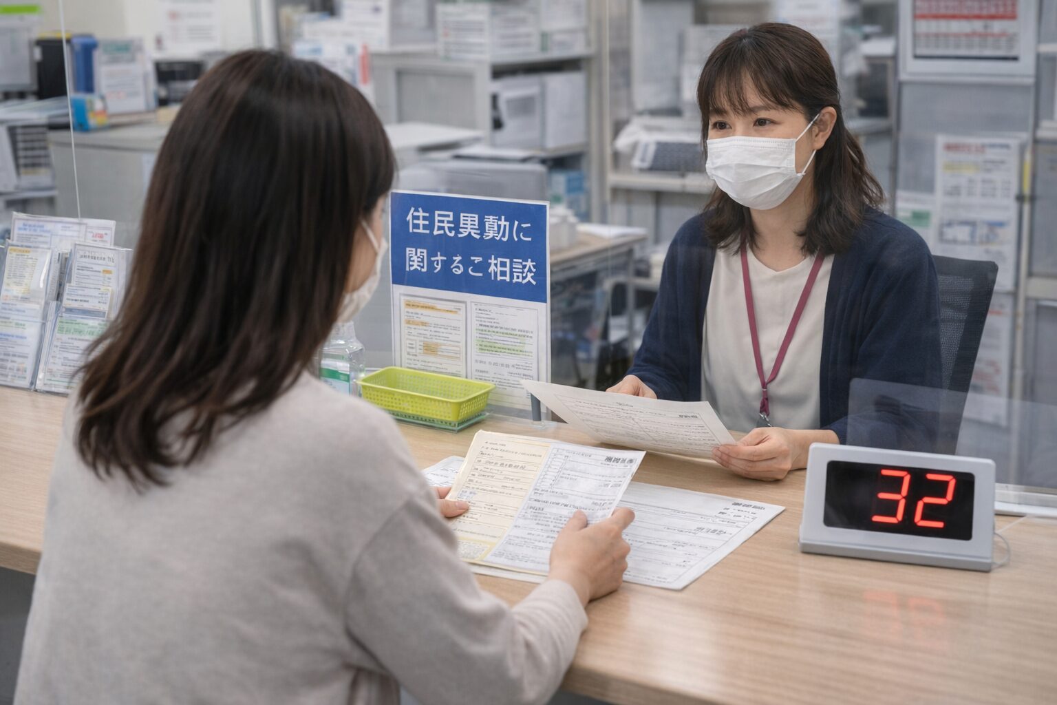 役所の窓口で住所変更の相談をしているイメージ写真。番号札や書類、相談カウンターが写っている無料素材が望ましい。