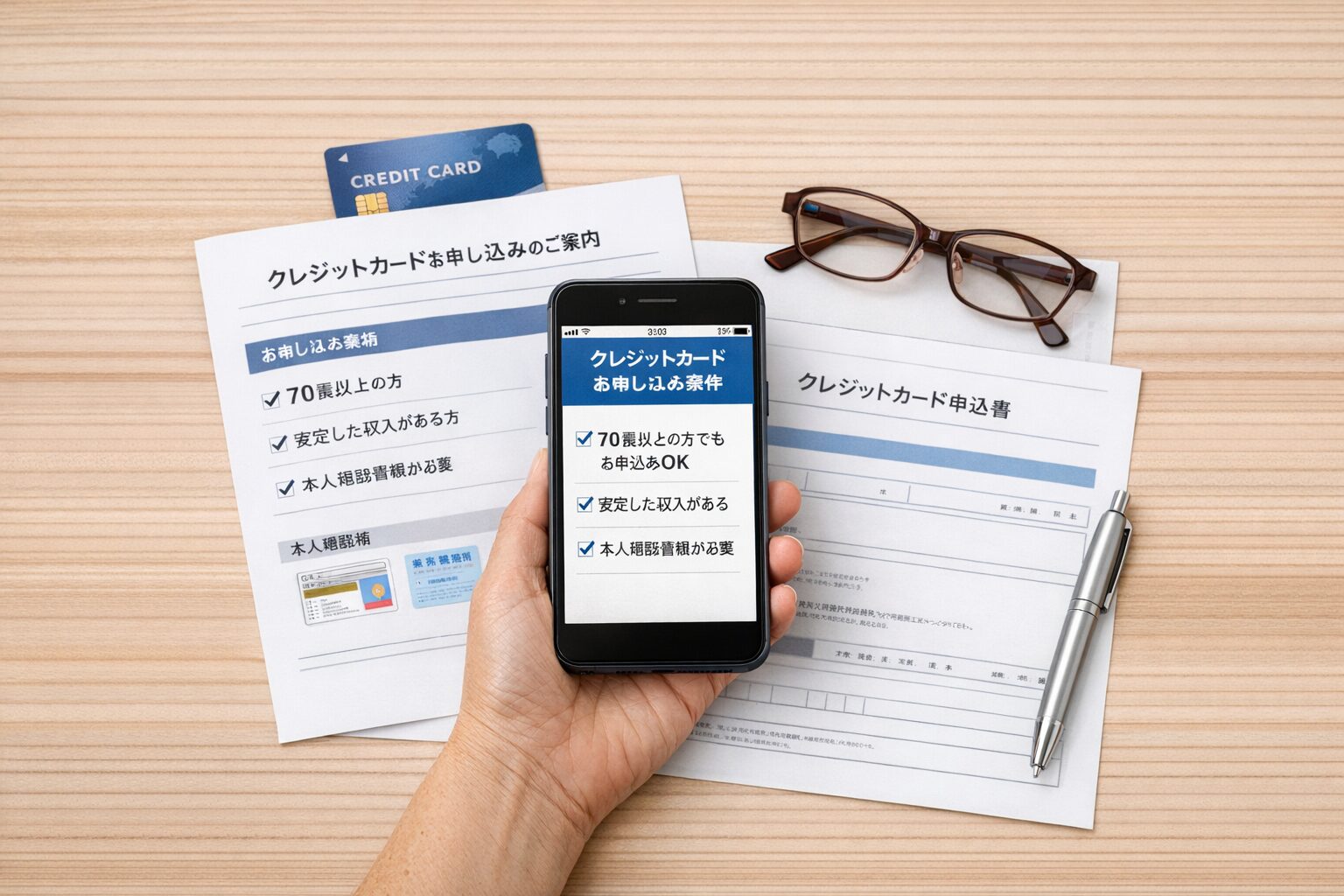 70歳以上の人がクレジットカードの申し込み条件をスマートフォンや書類で確認している様子が分かる無料画像素材を中央寄せで配置する