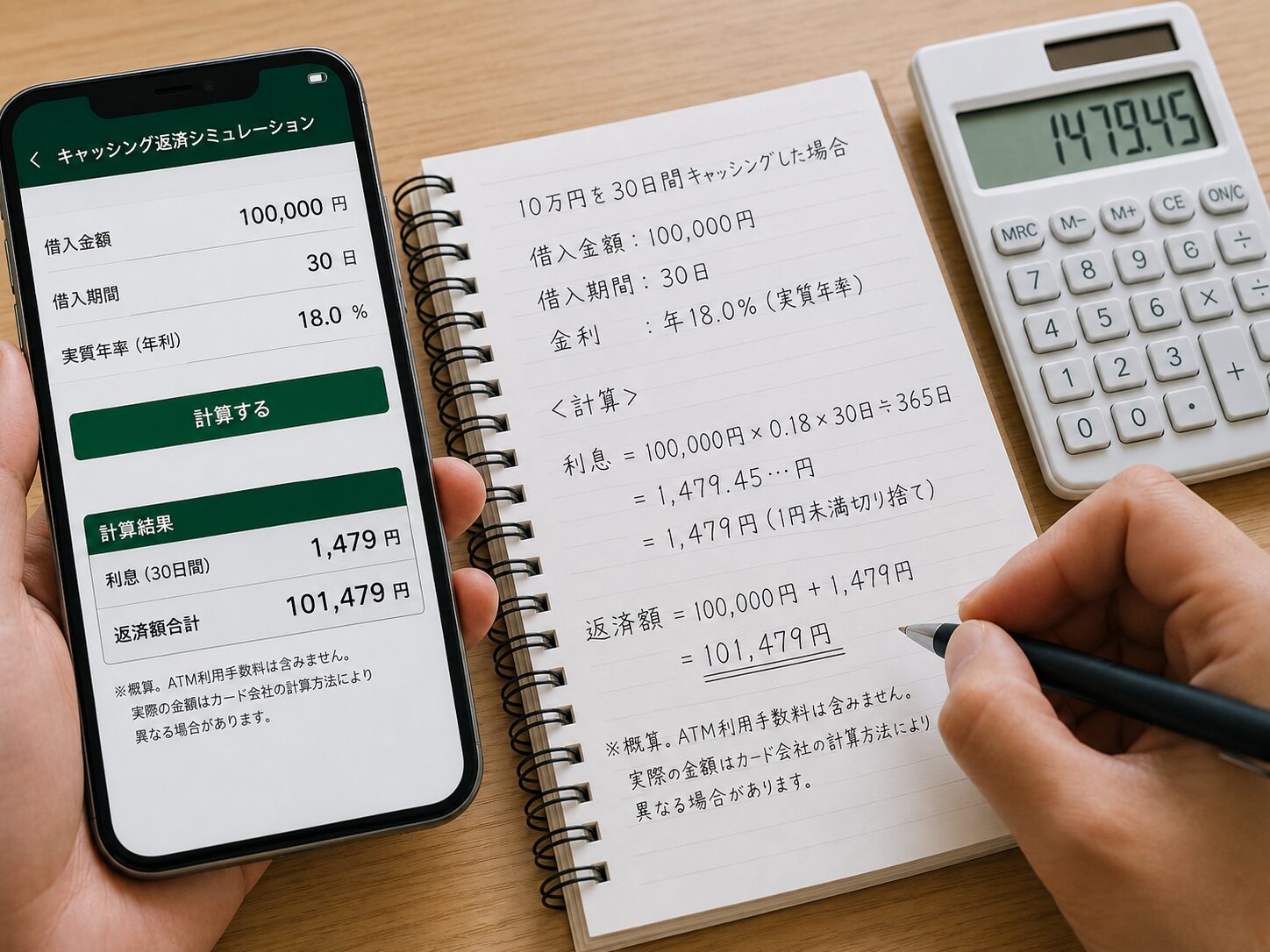 10万円を30日間キャッシングした場合の利息と返済額を計算している写真