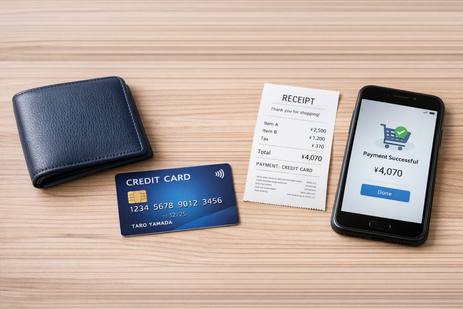 クレジットカードと財布、レシート、スマートフォンを机の上に並べ、支払いの仕組みをイメージしやすい無料写真素材を中央寄せで配置する