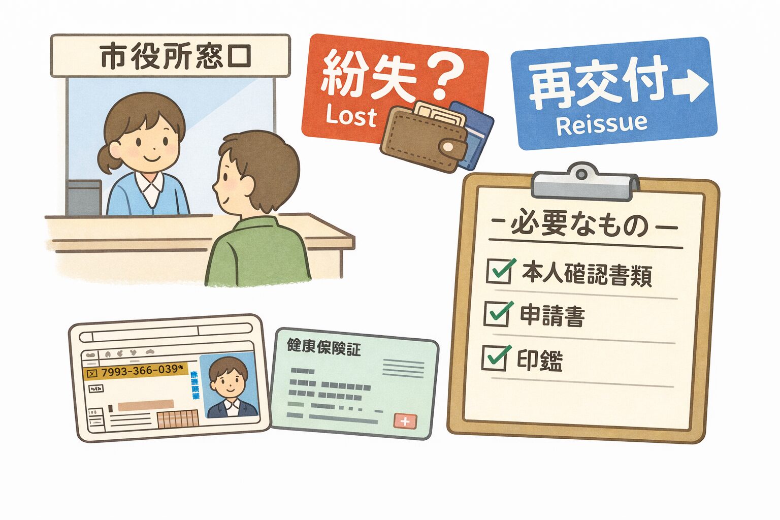 アイキャッチ用：市役所の窓口とチェックリスト、本人確認書類（免許証・資格確認書のイメージ）が並ぶシンプルなイラスト。『紛失』『再交付』『必要なもの』が連想できる無料素材風が望ましい。