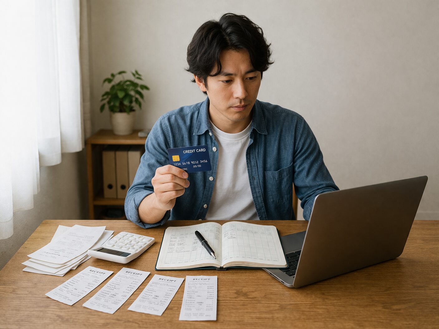 個人事業主がパソコンと帳簿やレシートを前にクレジットカードを手にしている無料画像を中央寄せで配置する