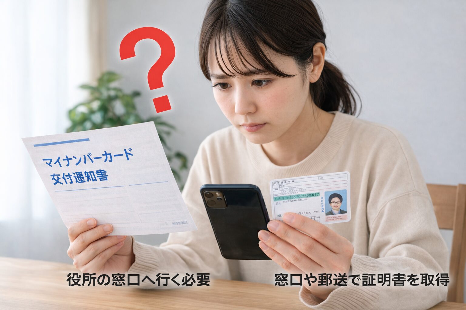 マイナンバーカードを作るか迷いながら通知書、免許証、スマートフォンを見比べている様子の無料写真を中央に配置