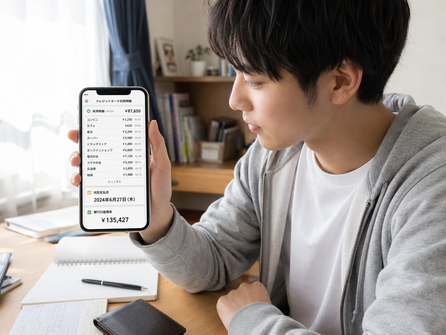 高校卒業後の18歳の学生がスマートフォンでクレジットカードの利用明細、支払日、銀行口座残高を確認している写真