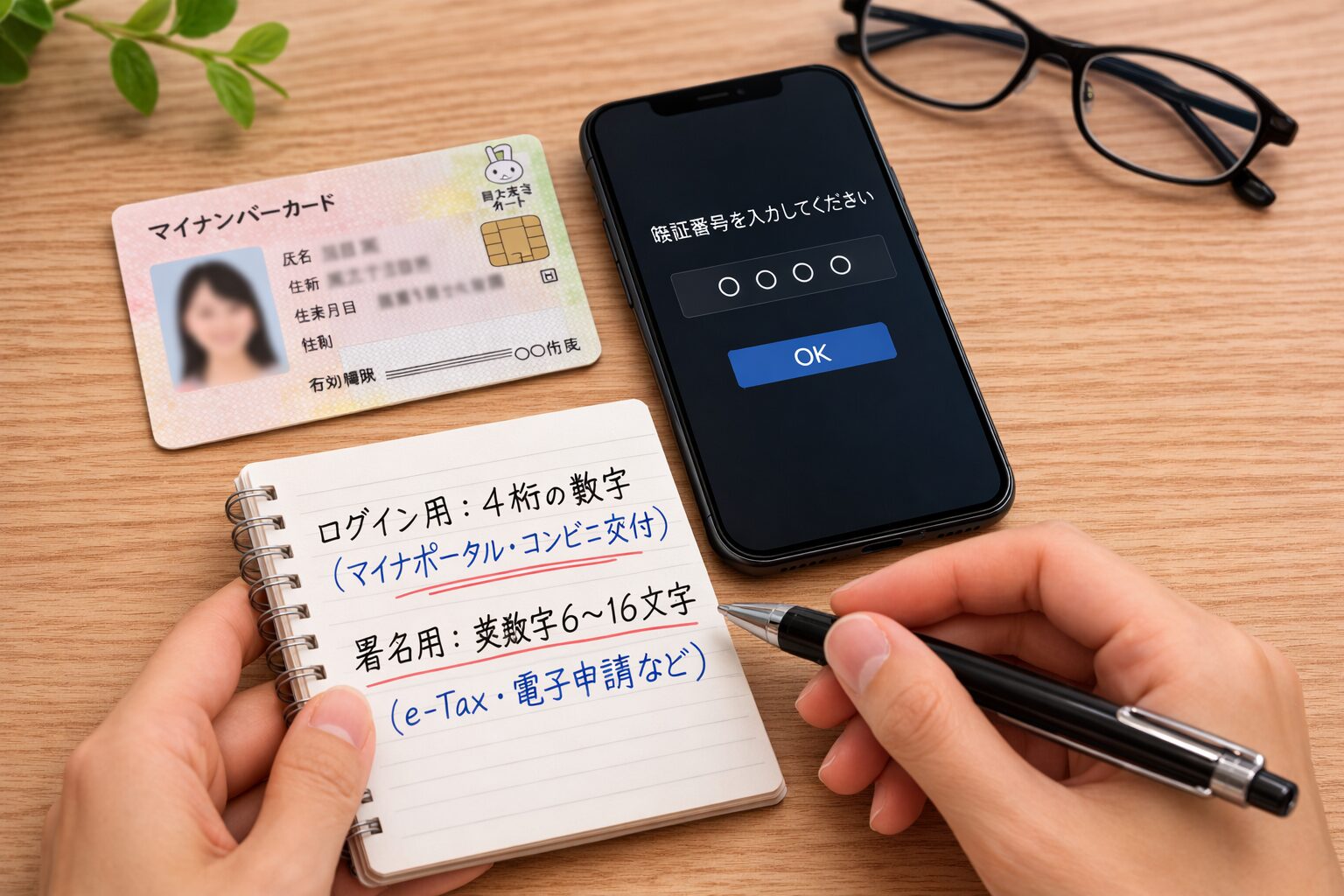 マイナンバーカードとスマートフォンを机に置き、暗証番号を確認しようとしている様子の無料写真を入れる