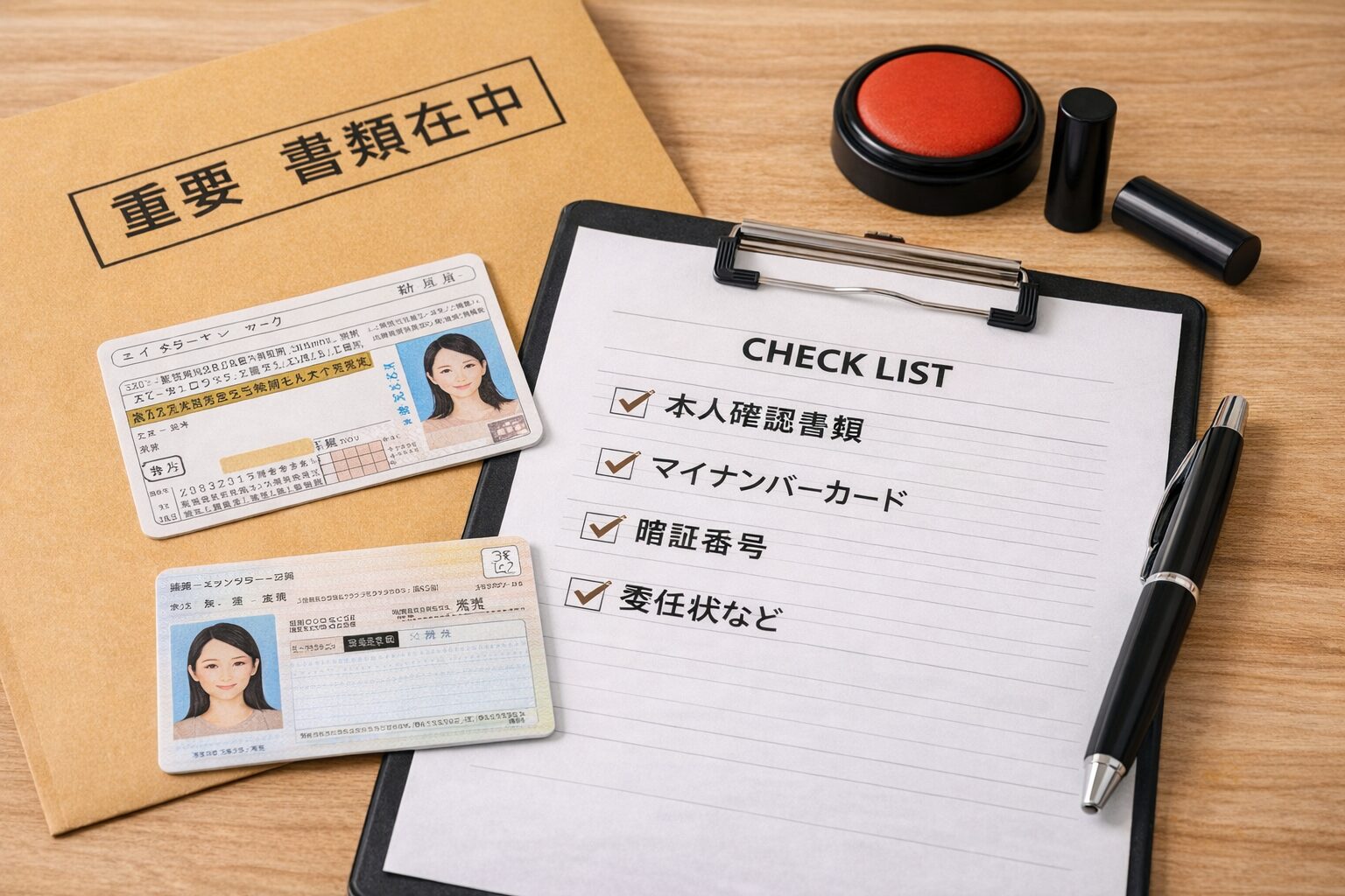 本人確認書類とマイナンバーカード、封筒、チェックリストが並んだイメージ写真。必要書類の準備を示す無料素材が望ましい。