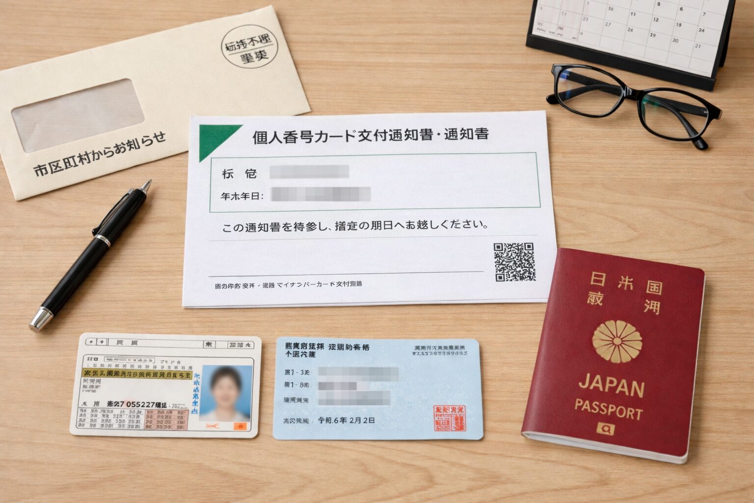 市区町村から届いた交付通知書や本人確認書類を机に並べて受け取り準備をしている様子の無料写真を配置