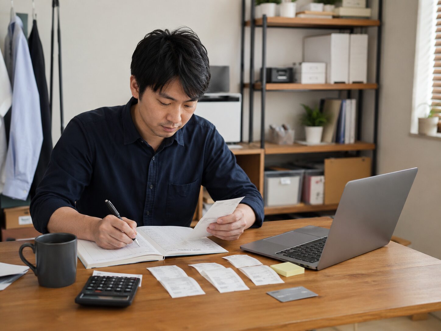 個人事業主がノートパソコン、帳簿、領収書、クレジットカードを机に並べて経費管理をしている写真