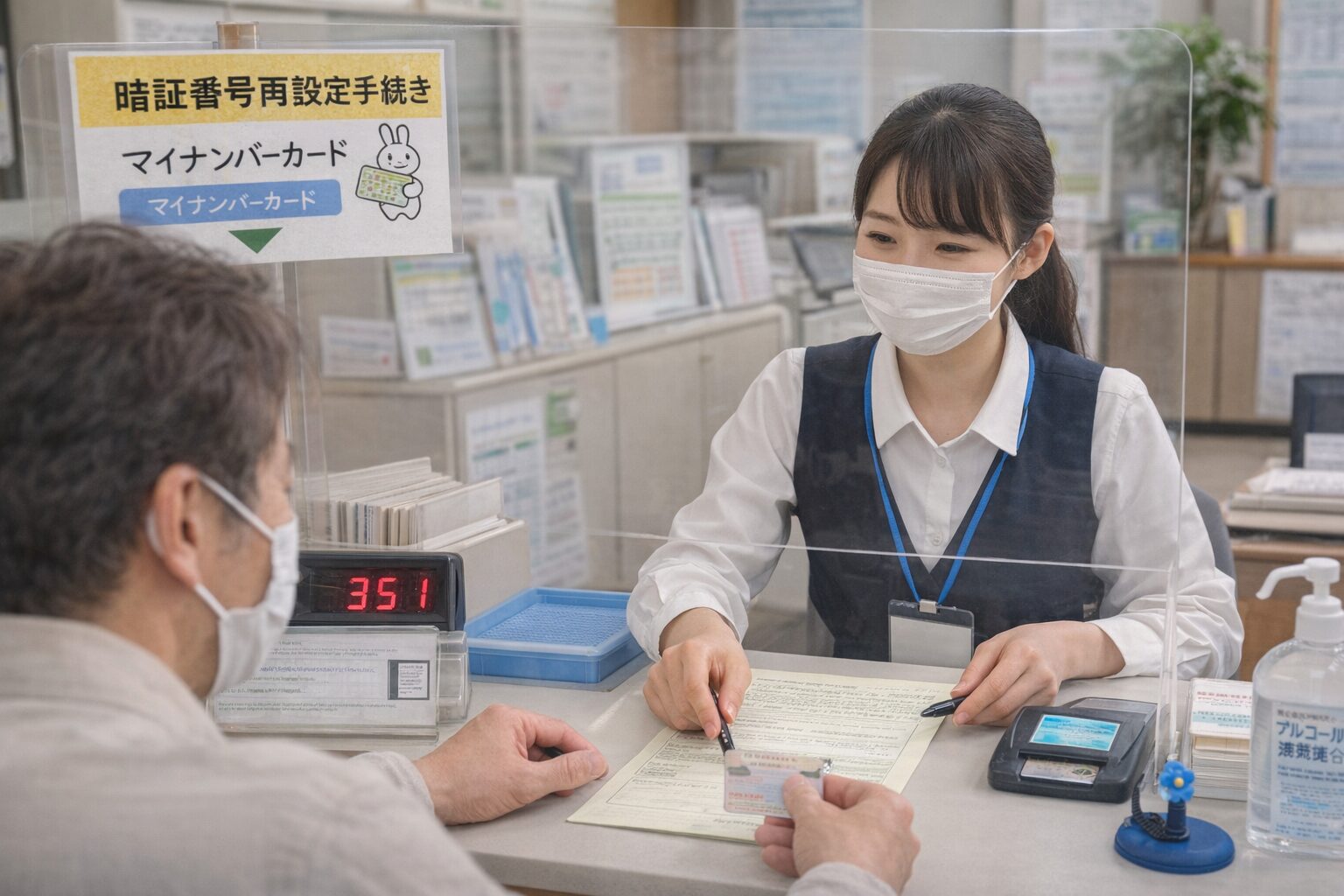 市区町村窓口でマイナンバーカードの暗証番号再設定手続きをしているイメージの無料写真を入れる