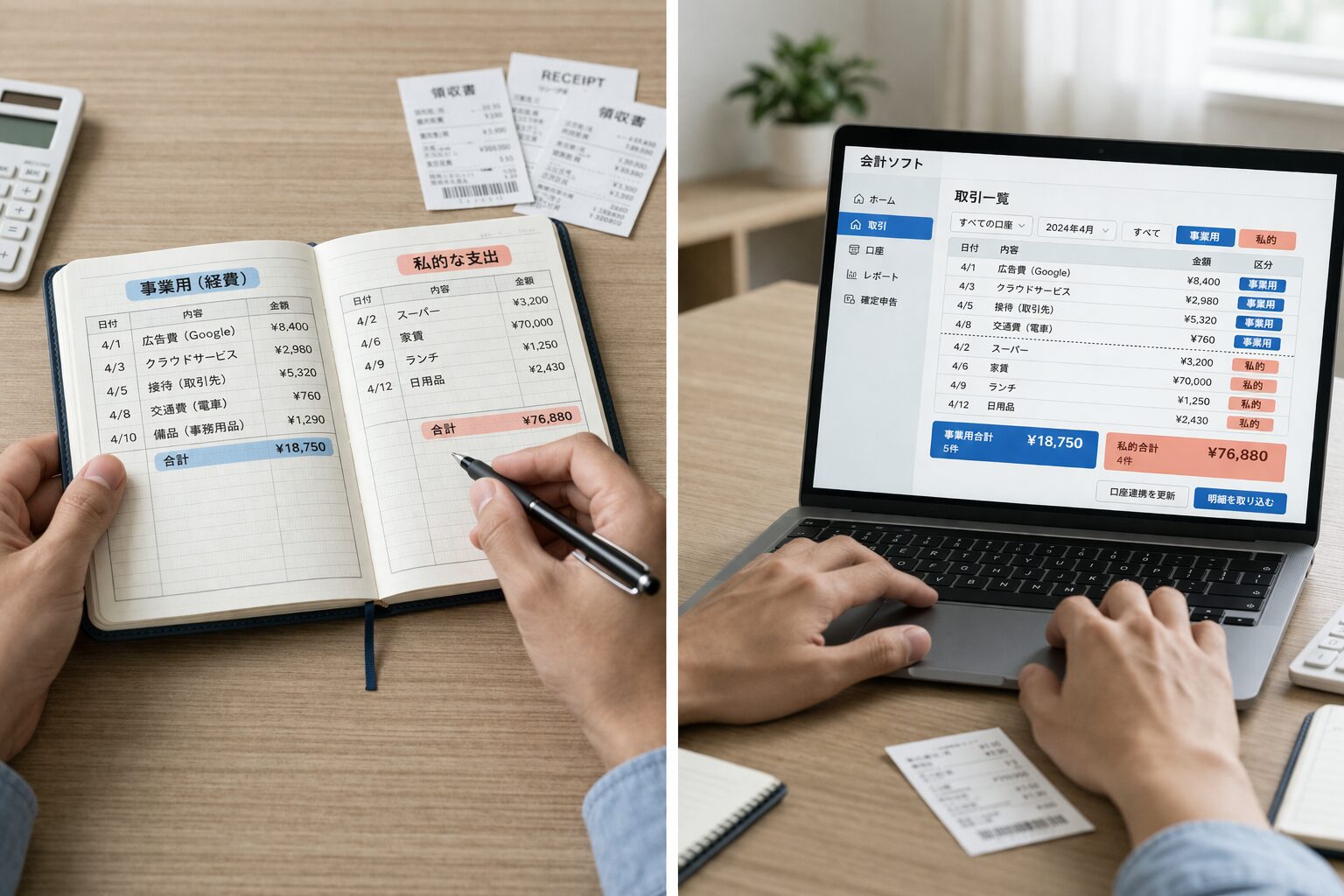個人事業主が事業用の支出と私的な支出を分けて家計簿や会計ソフトで確認している無料画像を中央寄せで配置する