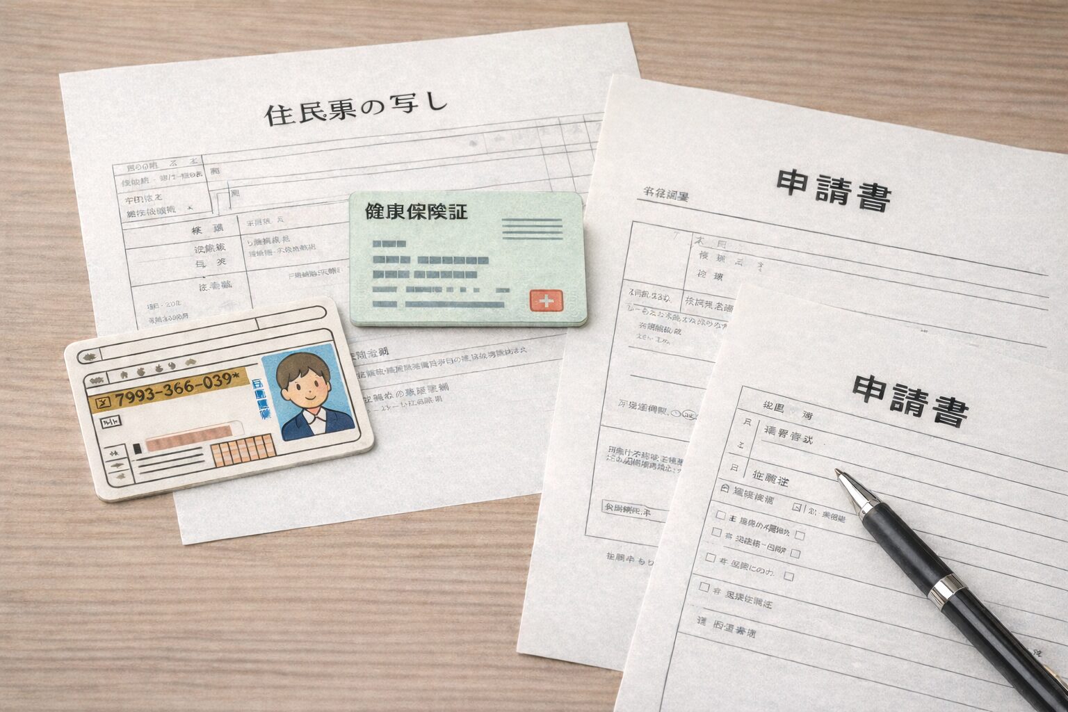 運転免許証、健康保険の資格確認書、住民票の写し、申請書が机に並んだ写真。再交付に向けて必要なものを準備している無料素材風が望ましい。