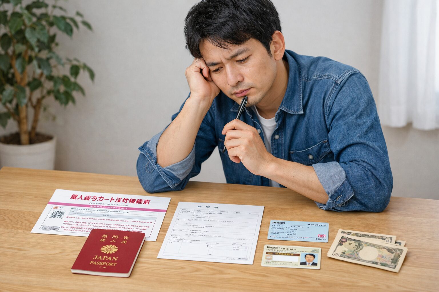 マイナンバーカードをまだ作っていない人が通知書や本人確認書類を机に並べて考えている様子の無料写真を配置