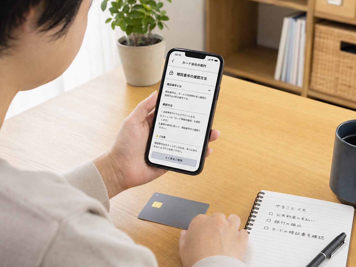 自宅の机でクレジットカードとスマートフォンを置きカード会社の暗証番号確認方法を調べている人物の写真