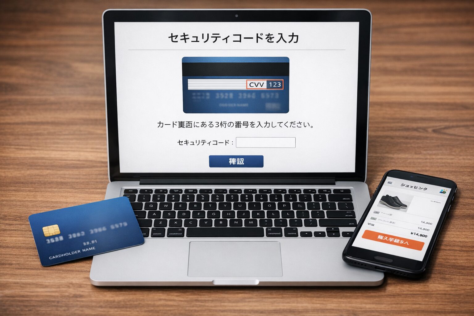 机の上にクレジットカードとノートパソコン、スマートフォンを置き、ネットショッピング中の場面が伝わる無料写真素材向けイメージ。カード番号は読めず、セキュリティコード確認の雰囲気が伝わる写真を中央寄せで配置